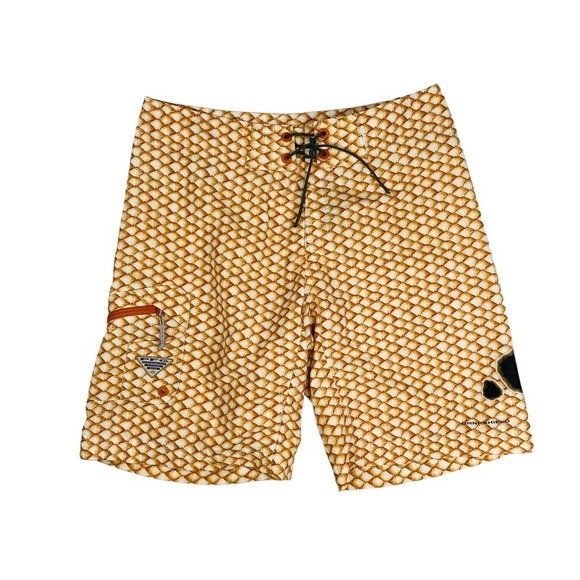 Columbia PFG Red Fish Yellow Scale Print Board Swim Shorts Size Men's 34x12 - Picture 1 of 3